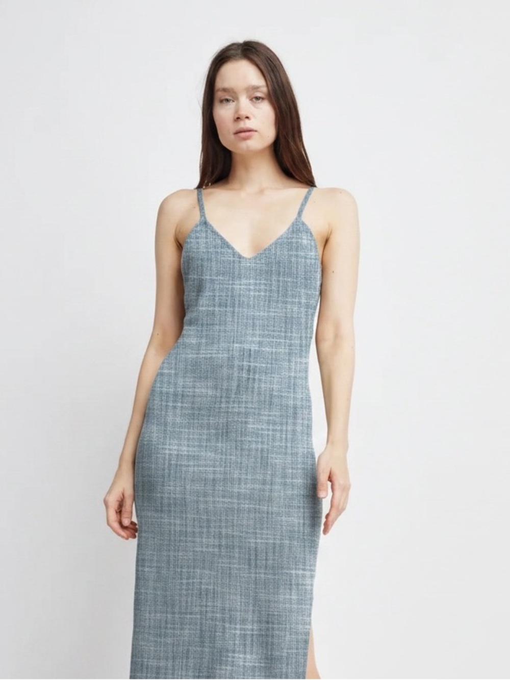 Millie Linen - Effect Strappy Slip Dress - Blue Denim - Self Contrast/Anthro